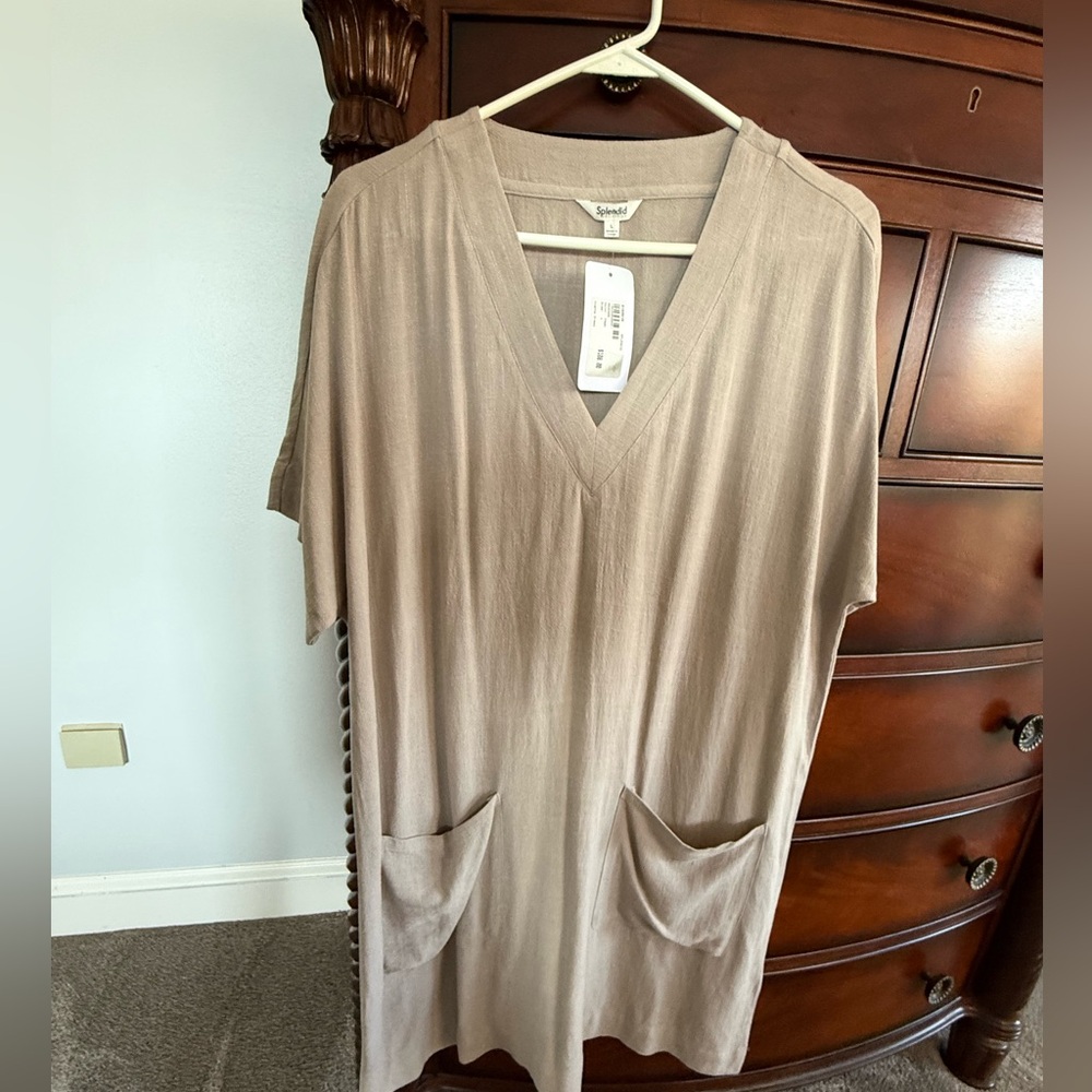 Splendid Vienna Linen Blend V Neck Short Sleeve Shift Dress Fawn Size Large